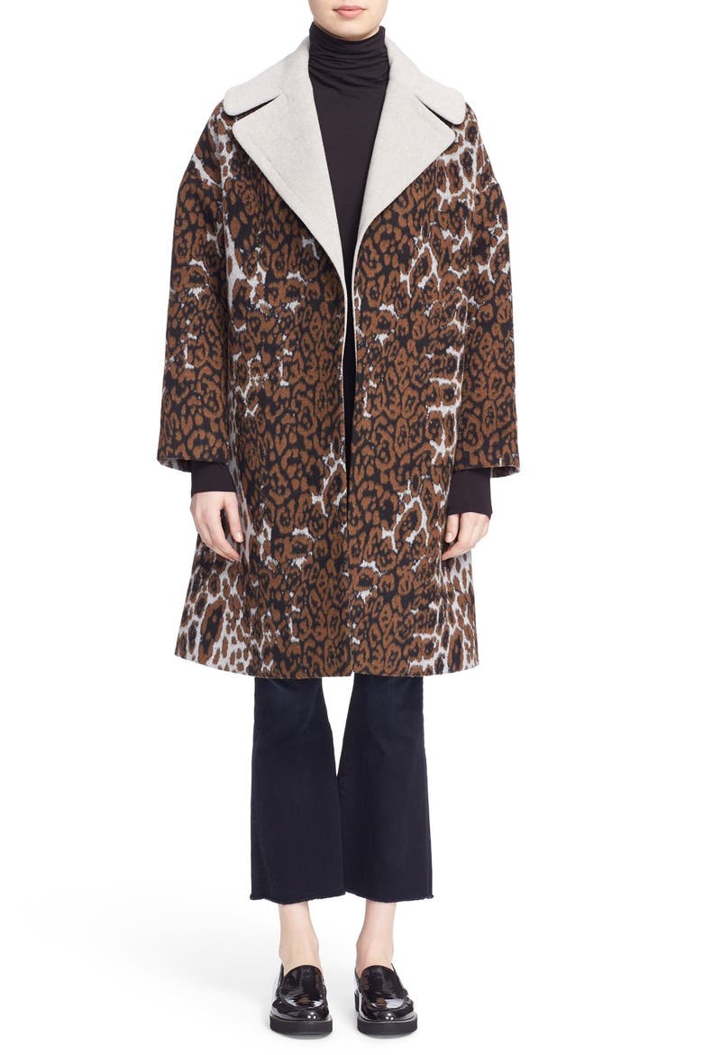 Contrast Collar Leopard Print Long Swing Coat, Main, color, BROWN/ PALE GREY