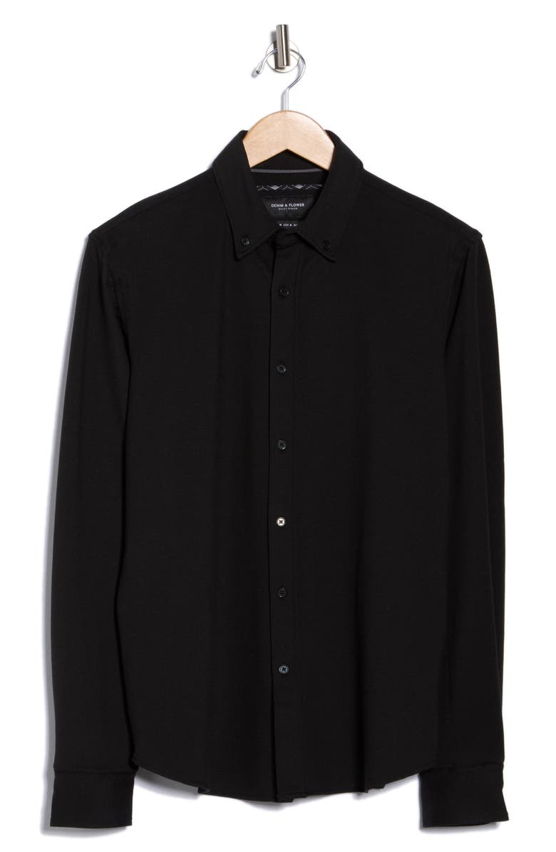 DENIM AND FLOWER Long Sleeve Piqué Button-Down Shirt, Main, color, Black