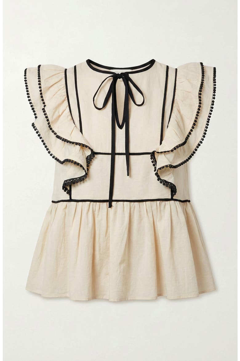 Ruffle Sleeve Peplum Front Tie Top, Alternate, color, Cream