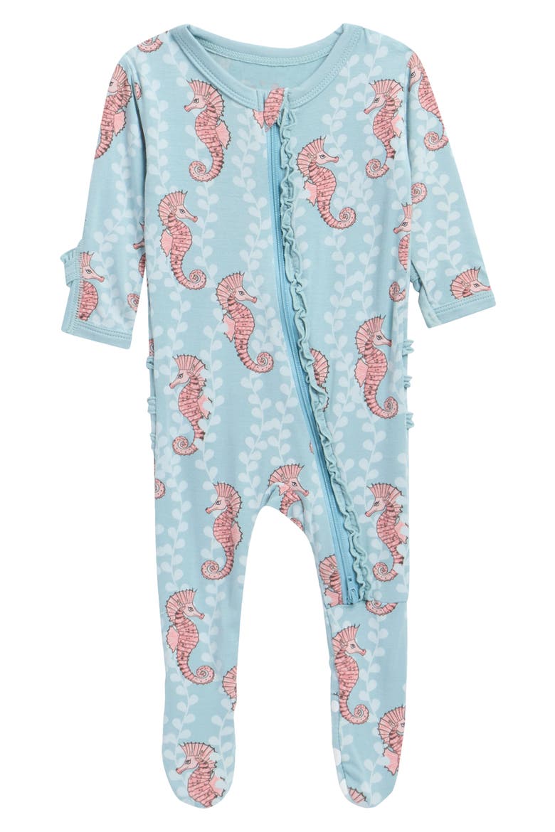 Kids' Seahorse Ruffle Footie Pajamas, Main, color, STORMY SEA SEAHORSES