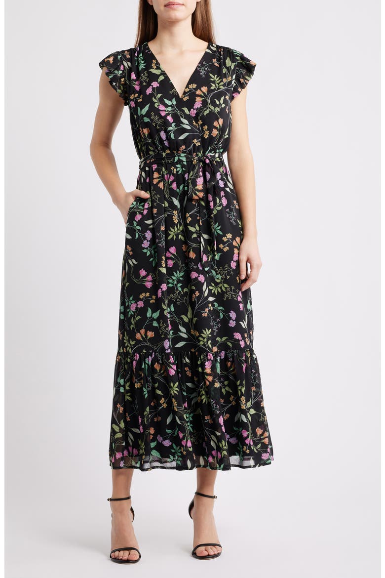 Floral Print Flutter Sleeve Maxi Dress, Main, color, BLACK MULTI