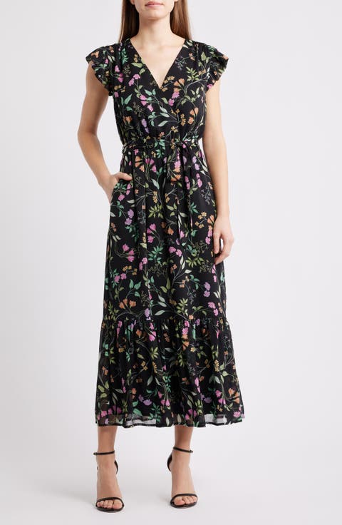 Floral Print Flutter Sleeve Maxi Dress