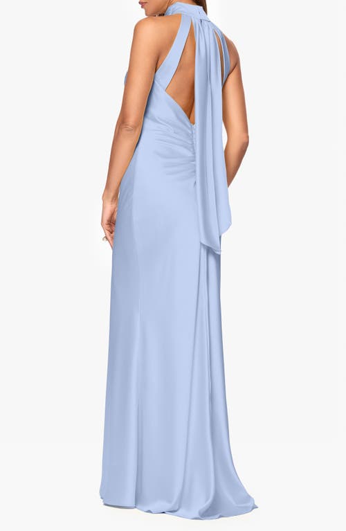 Xscape Evenings Halter Neck Satin Sheath Gown In Light Blue