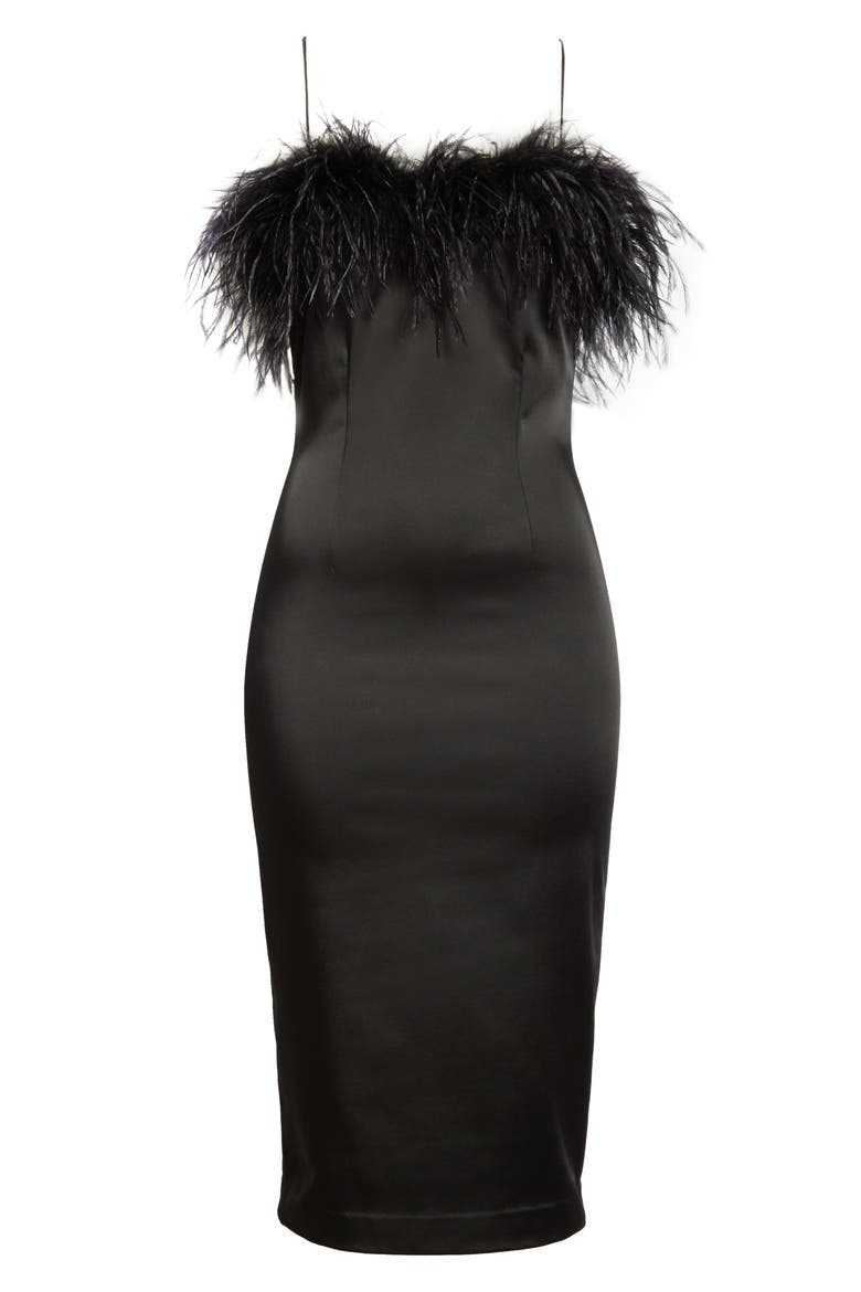 Lilya Feather Trim Satin Dress, Alternate, color, BLACK