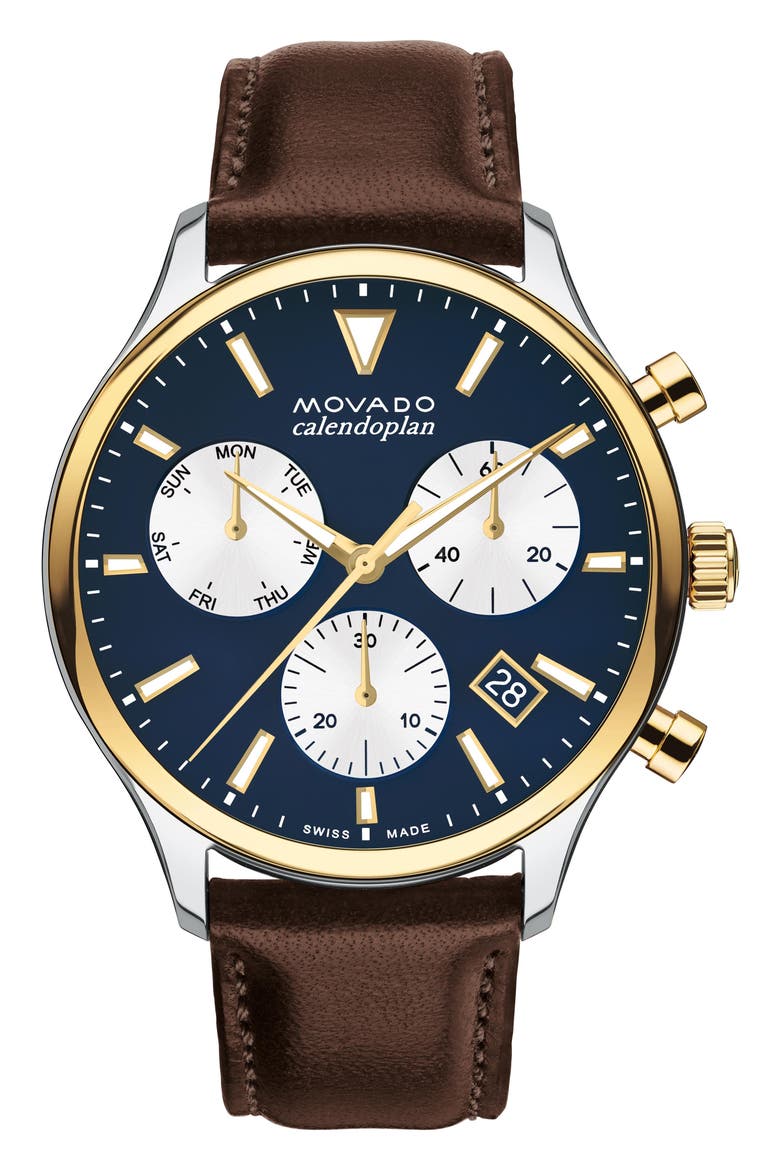 Heritage Calendoplan Chronograph Leather Strap Watch, 43mm, Main, color, BLUE