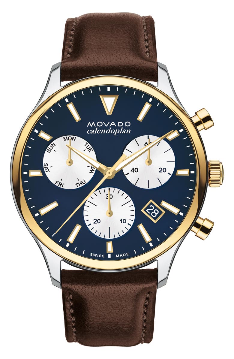 Movado Heritage Calendoplan Chronograph Leather Strap Watch, 43mm, Main, color, 
