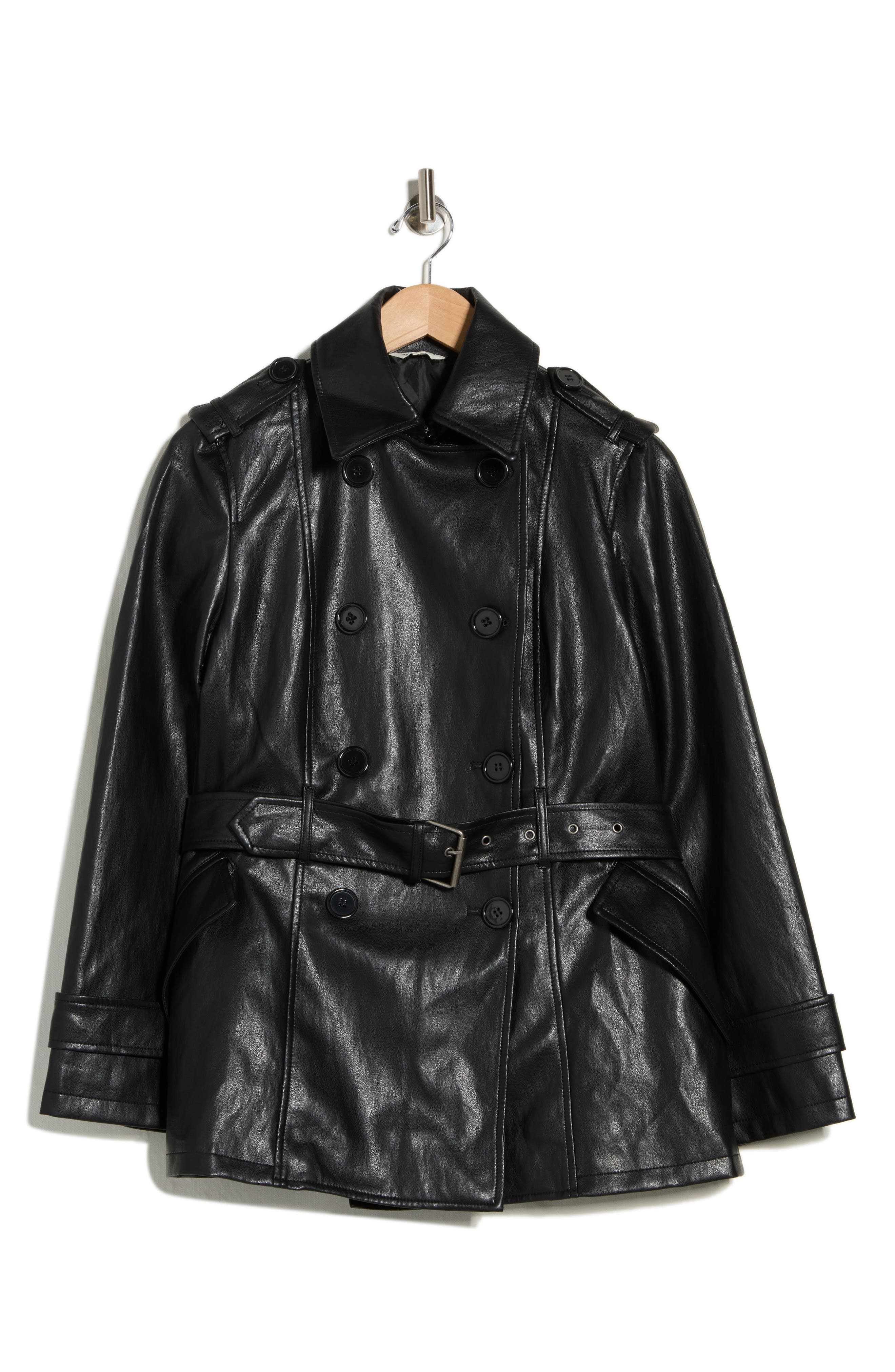 MAX STUDIO Belted Faux Leather Trench Coat