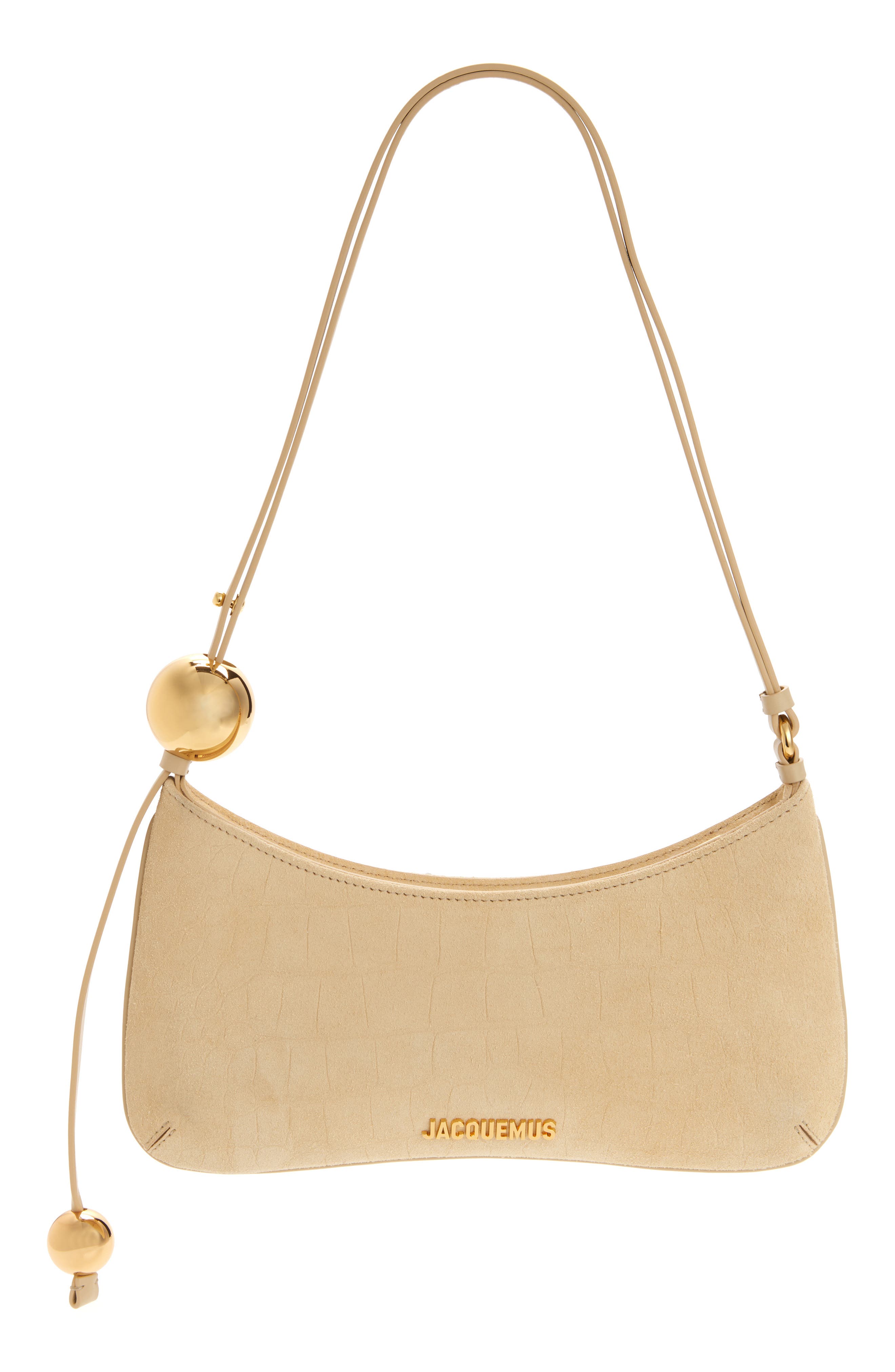 Jacquemus Le Bisou Perle Croc Embossed Suede Shoulder Bag, Main, color, Beige
