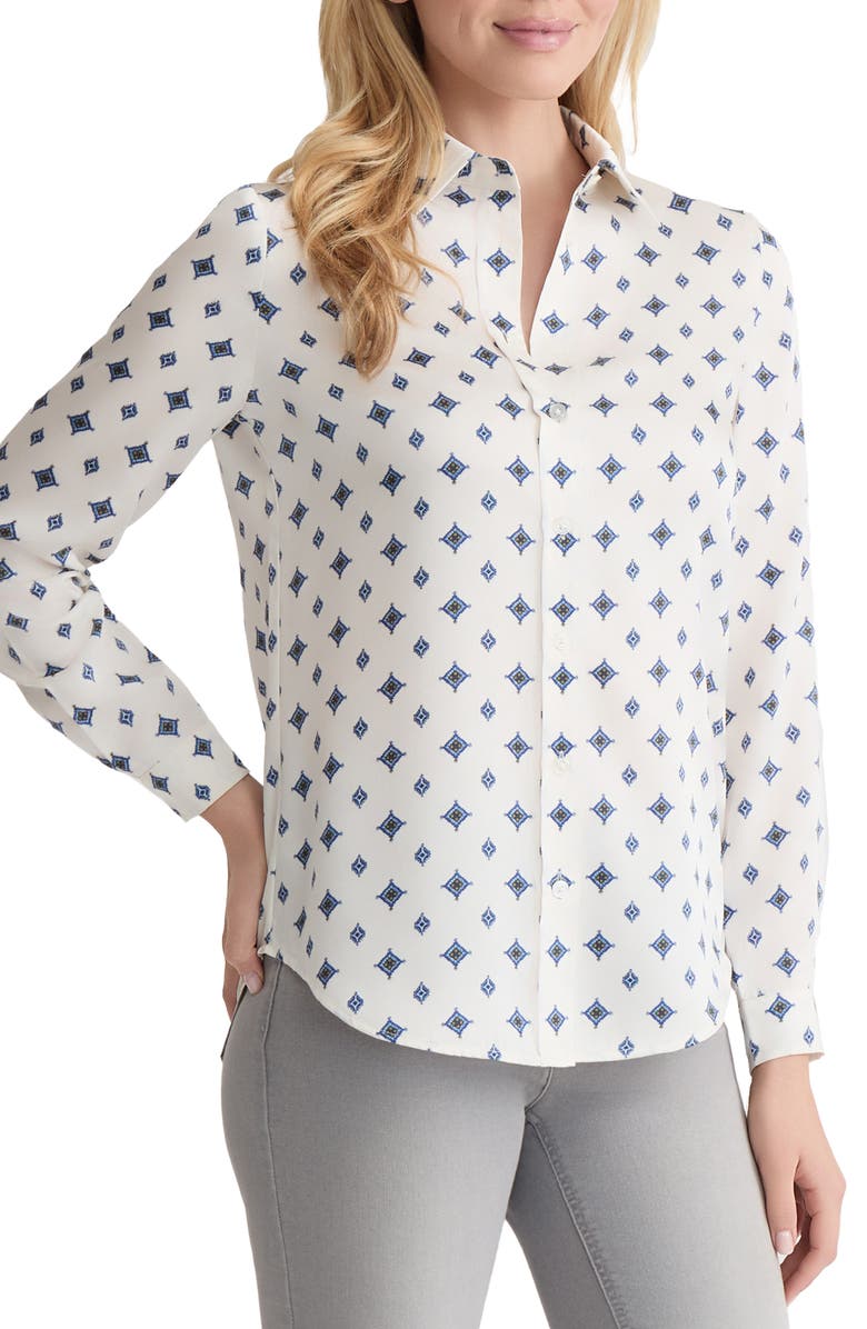 Jones New York Diamond Print Button-Up Shirt, Alternate, color, Jones White Multi