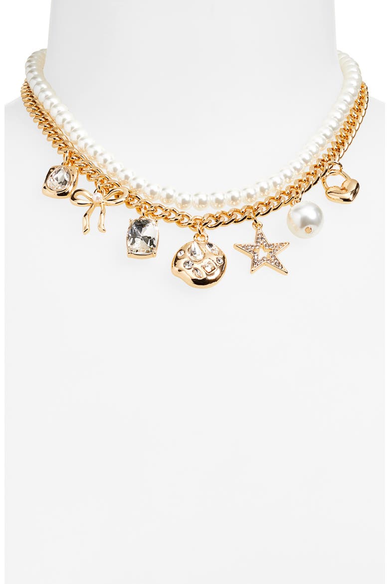 Set of 2 Cultured Pearl & Crystal Charm Necklaces, Alternate, color, CLEAR- WHITE- GOLD