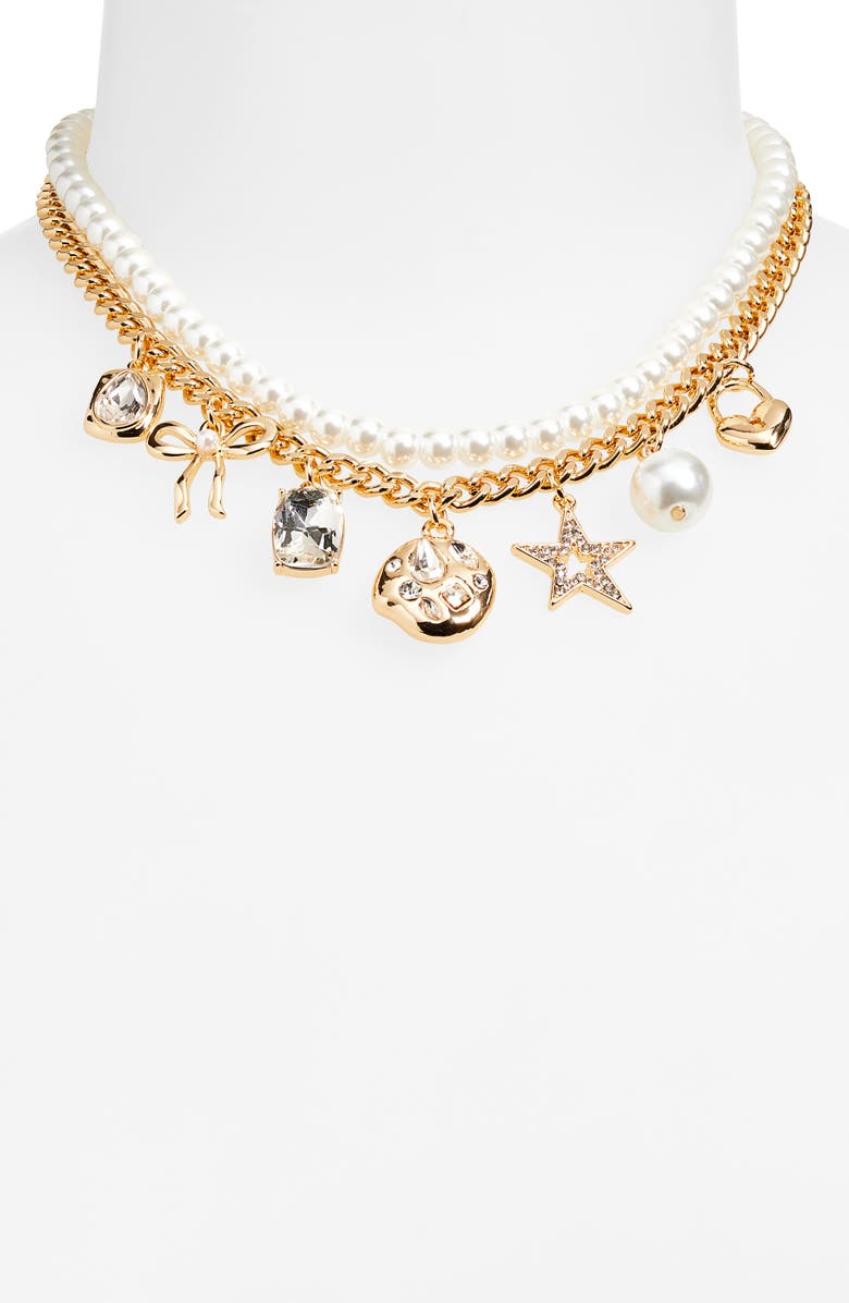 Open Edit Set of 2 Cultured Pearl & Crystal Charm Necklaces, Alternate, color, Clear- White- Gold