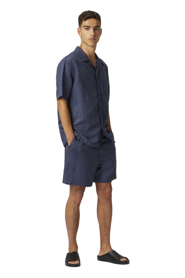 Cotton, Viscose And Linen Bowling Shirt With Shiny Zigzag Pattern, Alternate, color, Blue