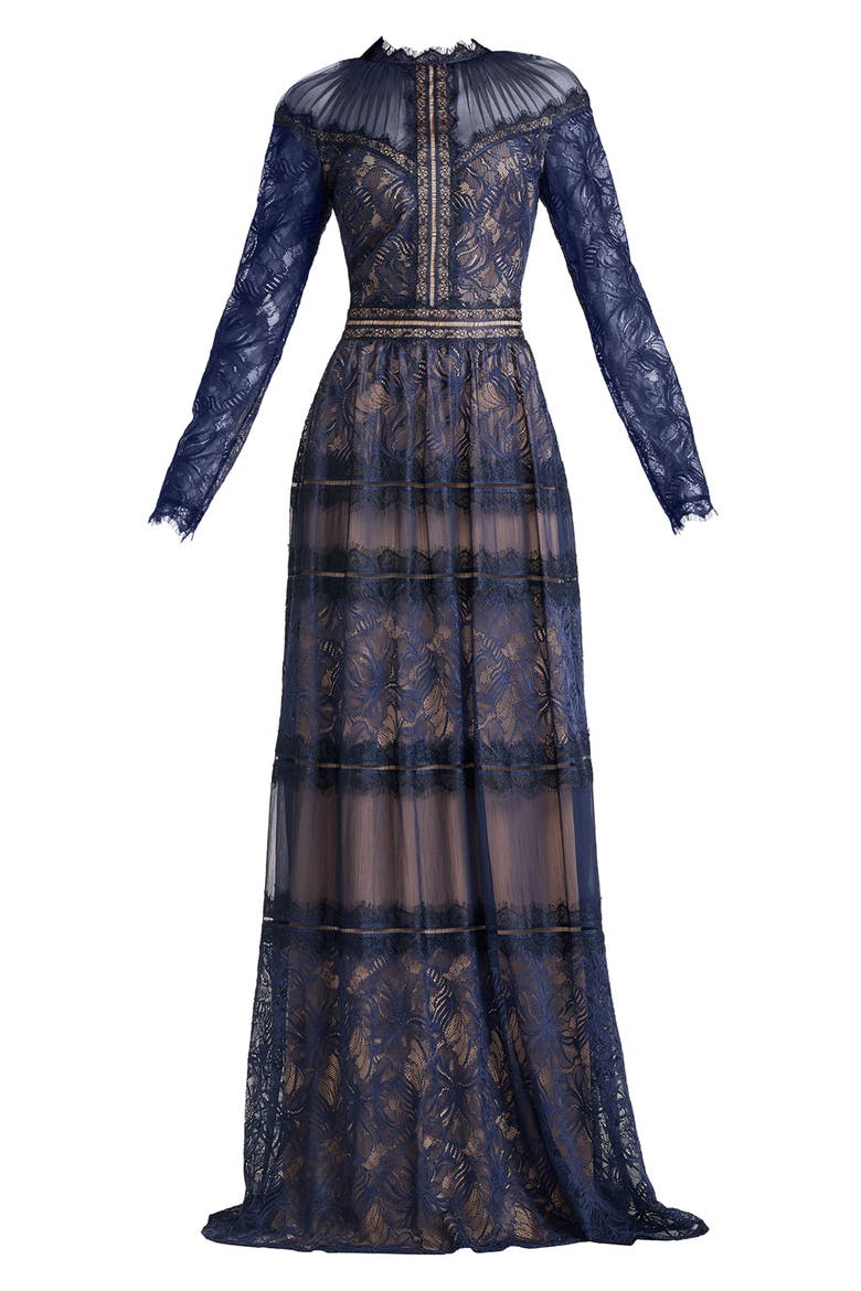 Lace Illusion Neck Long Sleeve Gown, Alternate, color, ROYAL NAVY/ NUDE