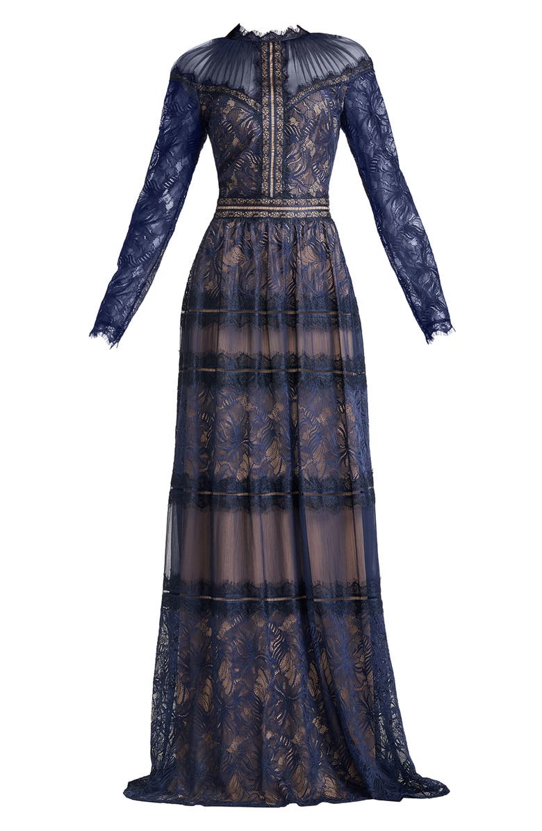 Tadashi Shoji Lace Illusion Neck Long Sleeve Gown, Alternate, color, Royal Navy/ Nude