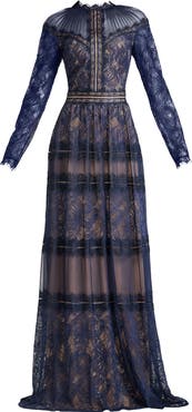 Tadashi Shoji Lace Illusion Neck Long Sleeve Gown