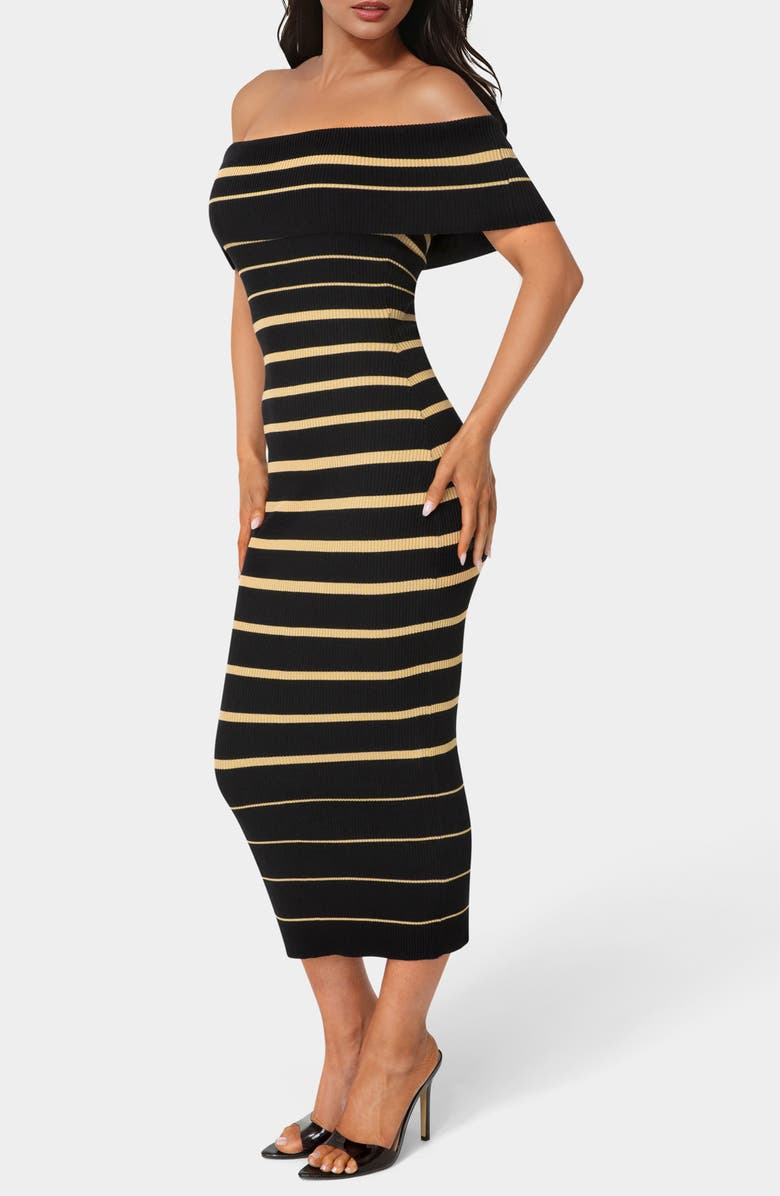 bebe Stripe Off the Shoulder Ribbed Body-Con Dress, Alternate, color, 