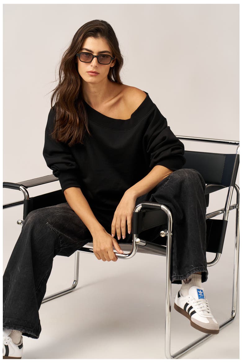 Cozy Coast Airport Off the Shoulder Sweatshirt, Alternate, color, Black