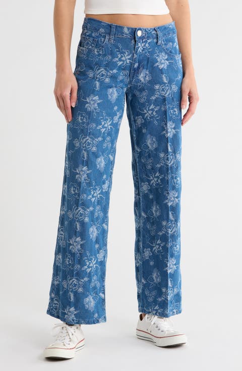Wide Leg Floral Print Jeans