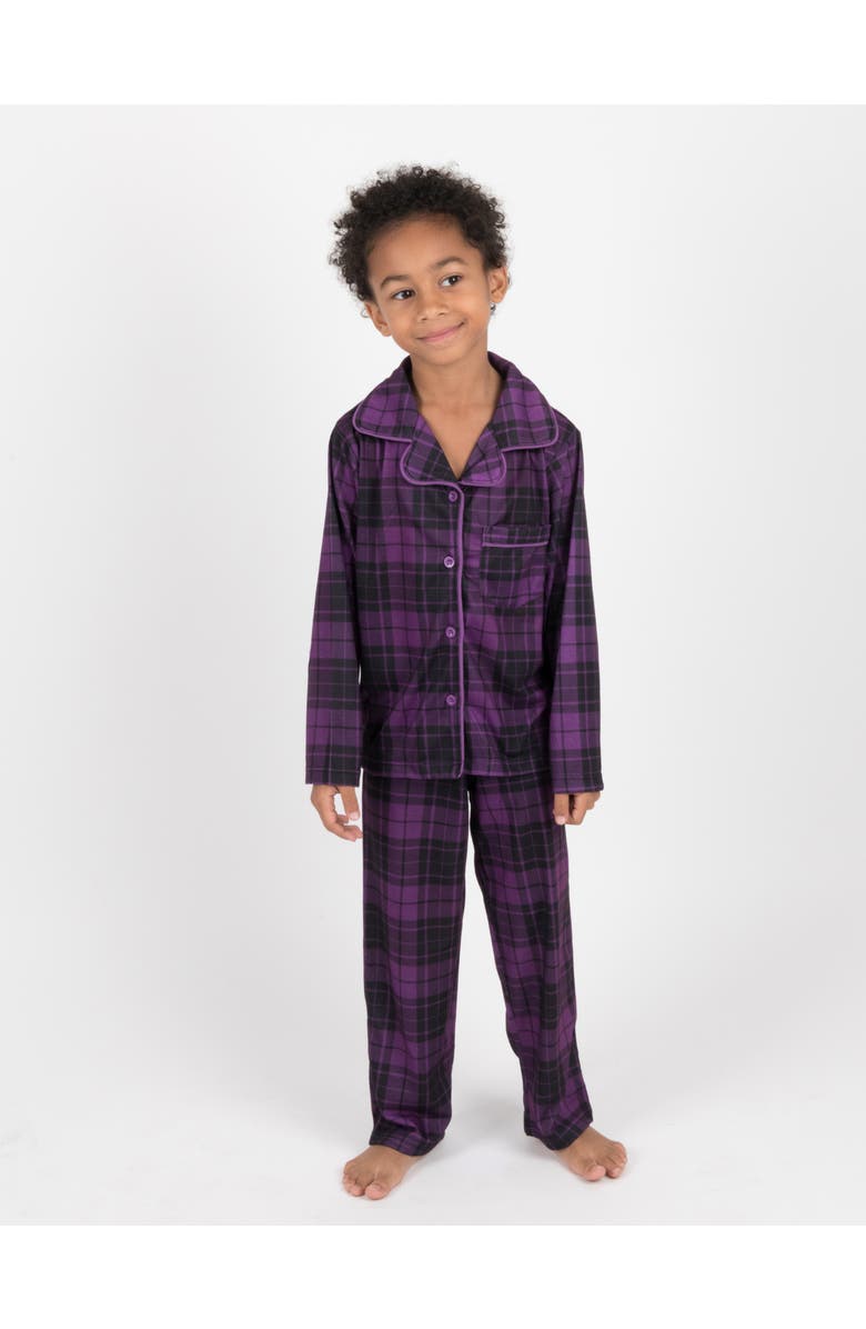 Leveret Kids Button-Front Flannel Printed Holiday Pajama Set, Alternate, color, Plaid Purple & Gray