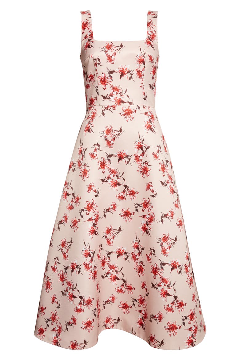 Shiloh Floral Faille Midi Dress, Alternate, color, SUMMER LILLIES RED ON PINK