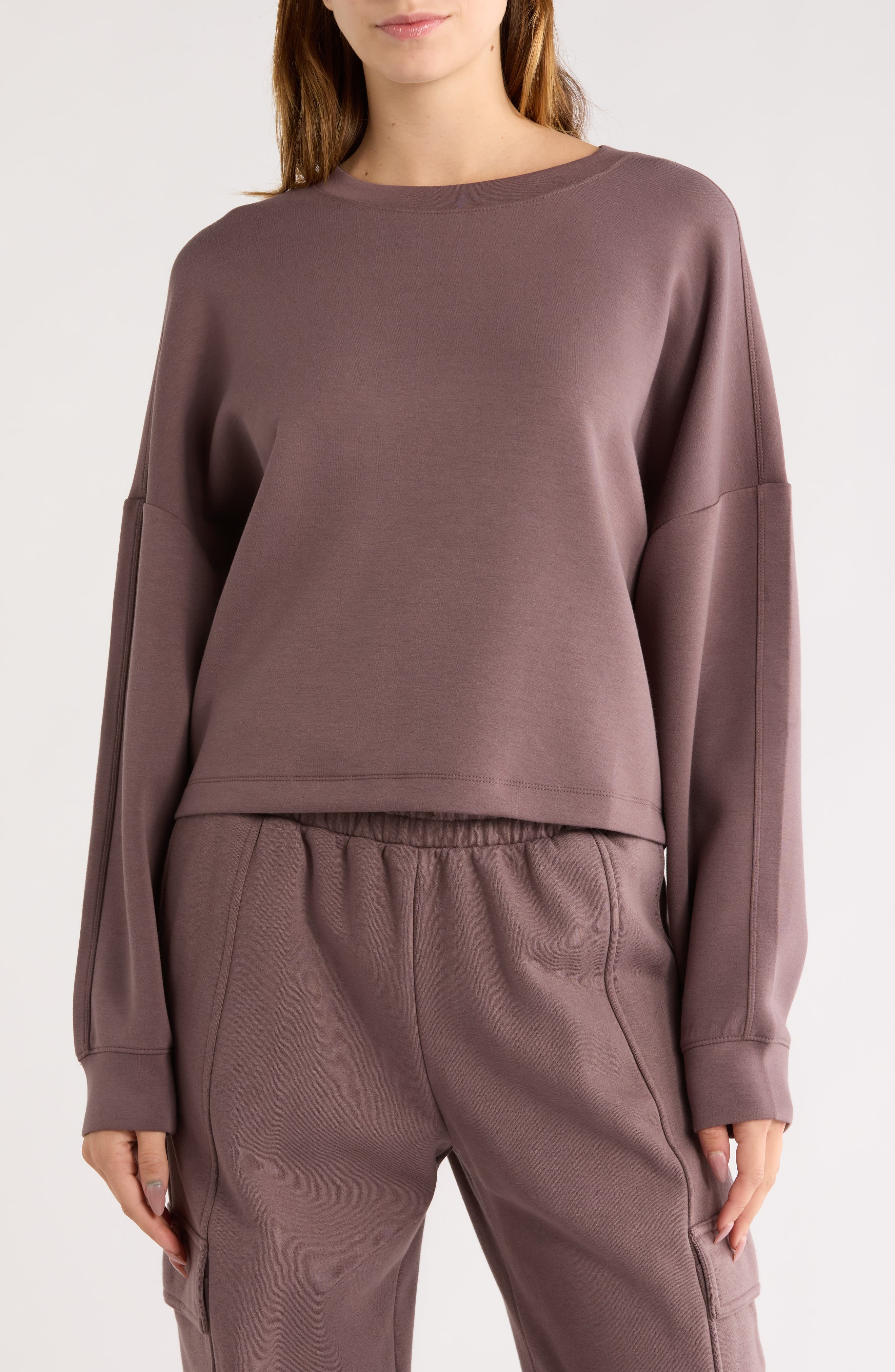 Z By Zella Whisper Knit Easy Crew Sweatshirt In Burgundy