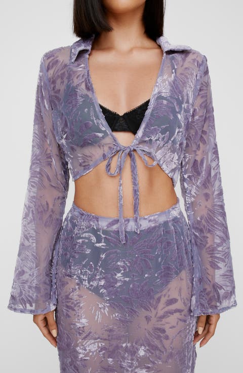 Devoré Tie Front Velvet Jacquard Crop Top