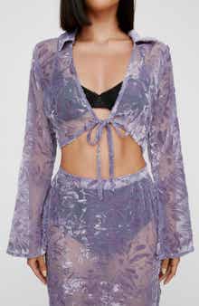 NASTY GAL Devoré Tie Front Velvet Jacquard Crop Top