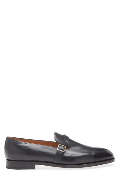 John Lobb Black Leather Loafers With Palladium Buckle In Midnight