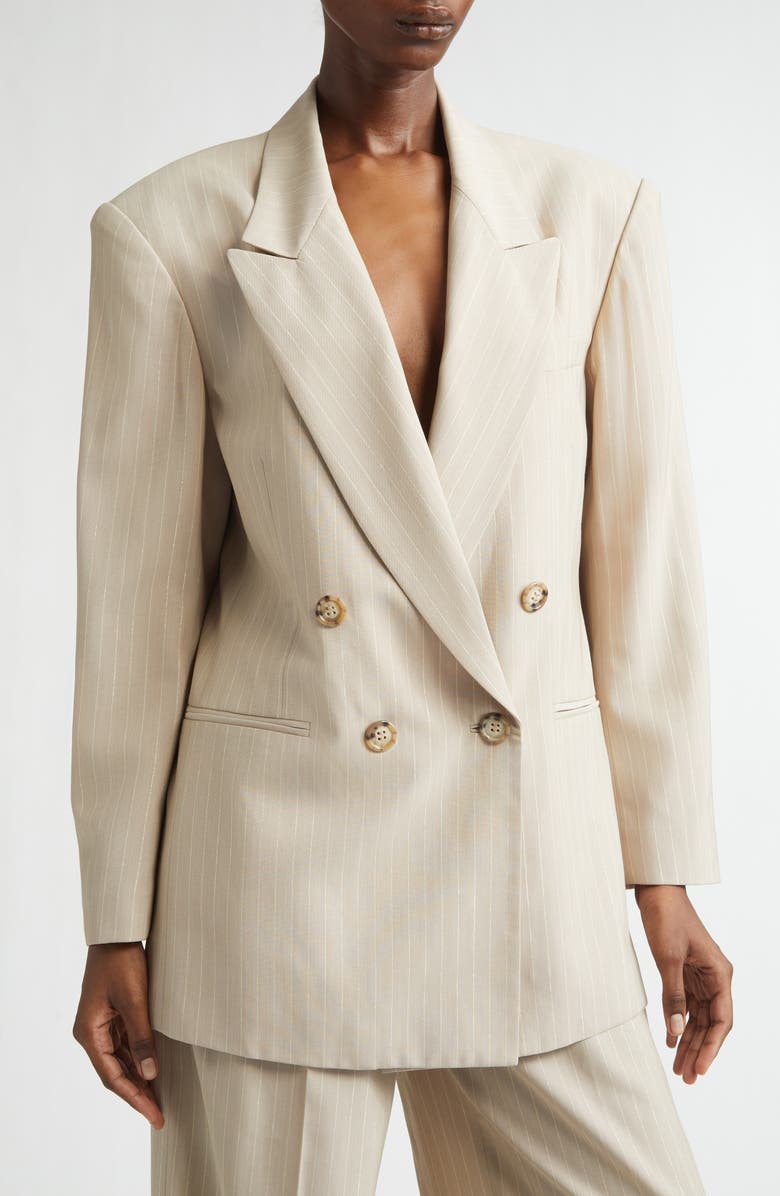LaQuan Smith Shimmer Pinstripe Double Breasted Jacket, Alternate, color, Sand
