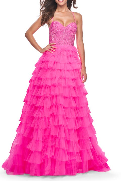 Ruffle Tulle Prom Dress with Rhinestone Bodice