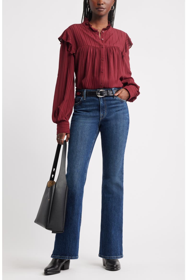 Ruffle Button-Up Shirt, Alternate, color, RED GRAPE