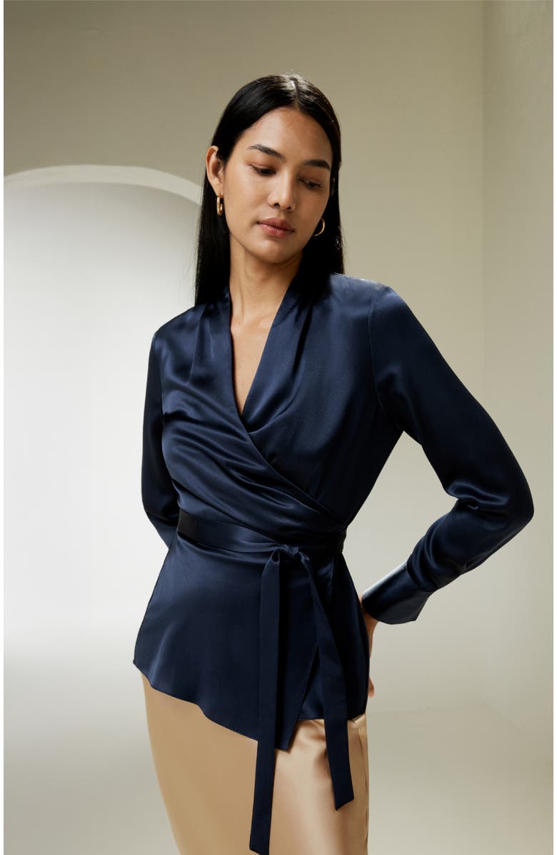 Lilysilk Silk Wrap Blouse, Alternate, color, Navy Blue
