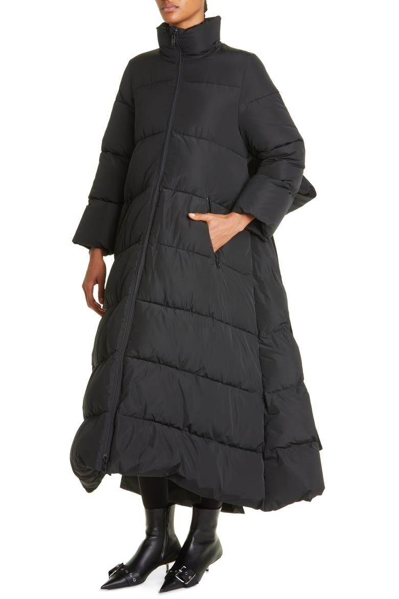 Maxi Bow A-Line Puffer Coat, Alternate, color, BLACK