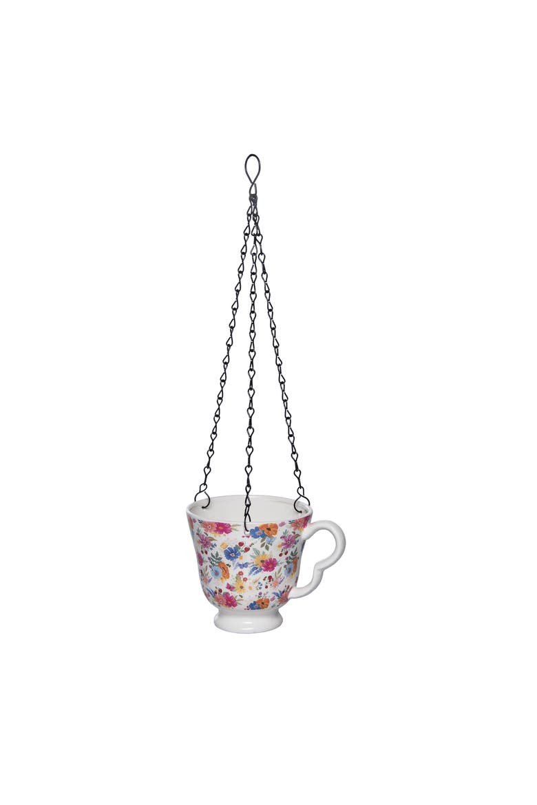 Dolomite Tea Cup Hanging Planter with Drainage Hole Multicolored for Spring Garden Decor, Main, color, White