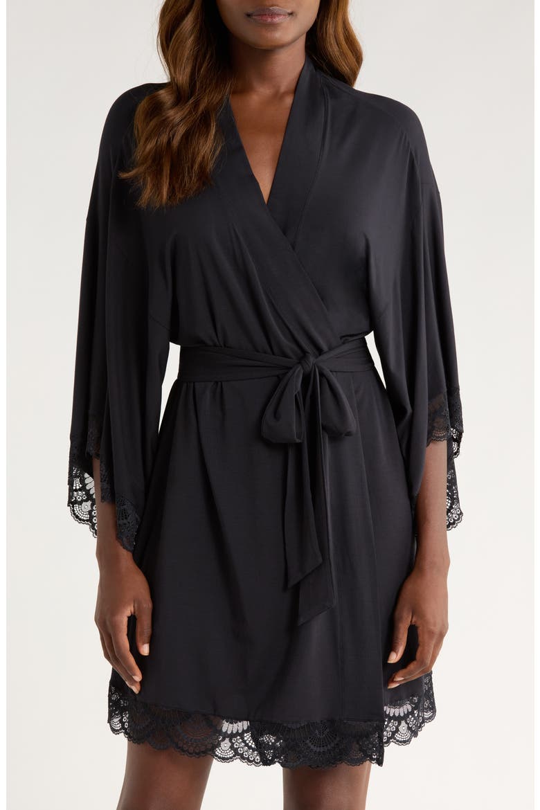Mariana Lace Trim Jersey Robe, Main, color, BLACK