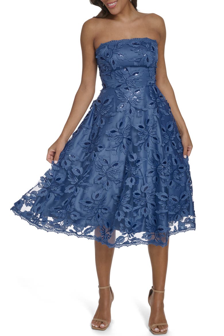 Floral Sequin Strapless Midi Dress, Main, color, BLUE