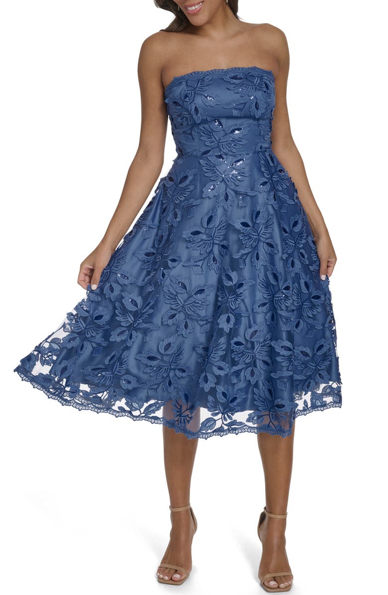 Eliza J Floral Sequin Strapless Midi Dress, Main, color, Blue