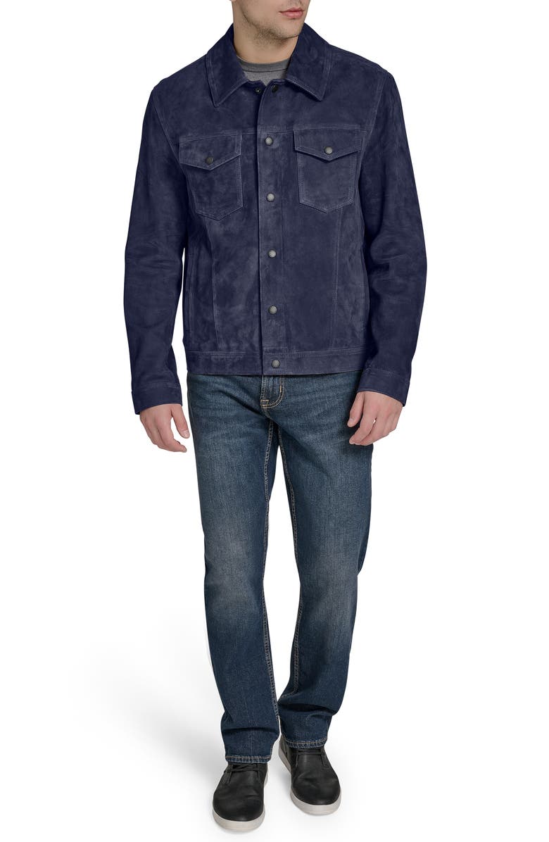 Cole Haan Suede Trucker Jacket, Alternate, color, Navy