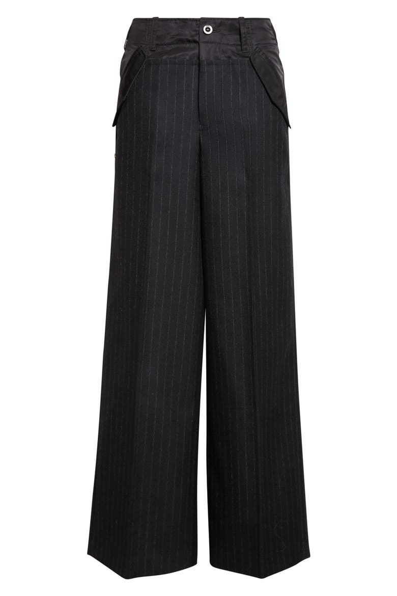 Chalk Stripe Mixed Media Trousers (Nordstrom Exclusive), Alternate, color, BLACK