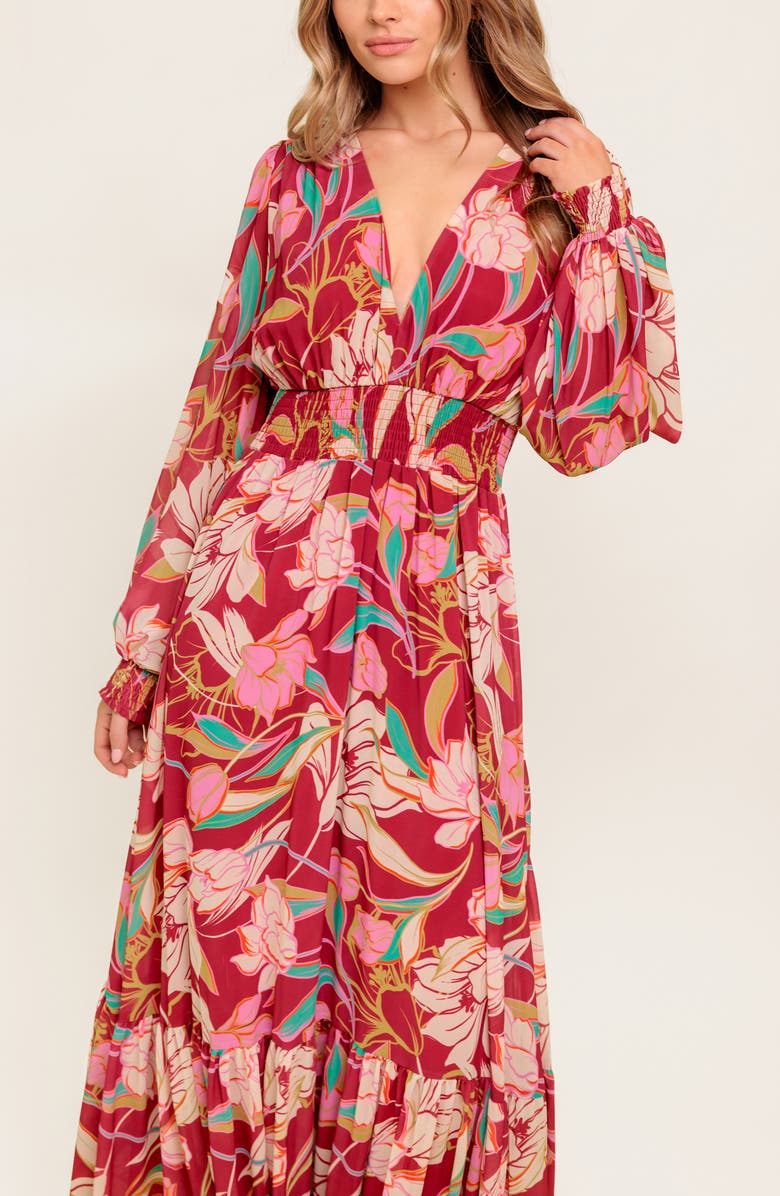FLYING TOMATO Floral Long Sleeve Maxi Dress, Alternate, color, Berry