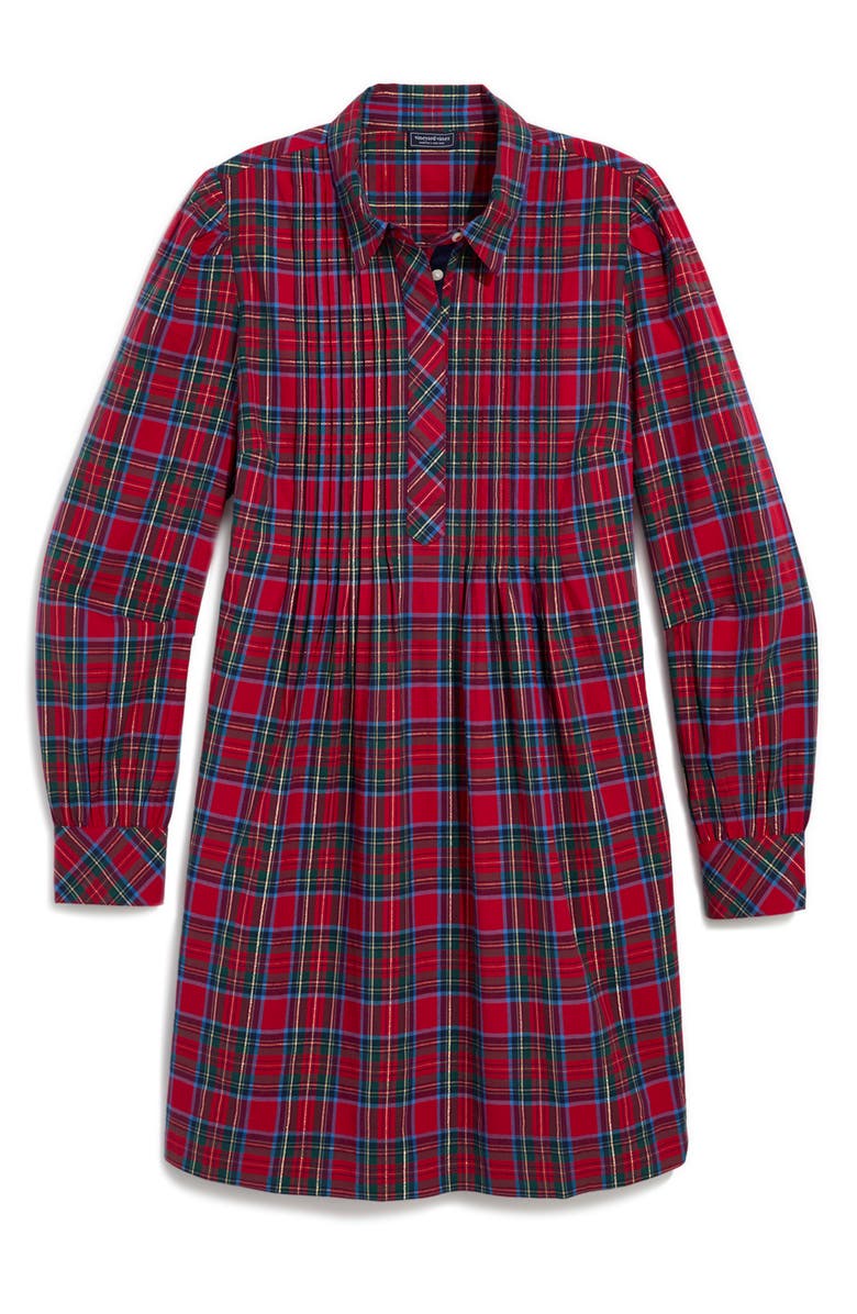 vineyard vines Plaid Long Sleeve Stretch Cotton Popover Dress, Alternate, color, Yuletide Tartan Medium Red