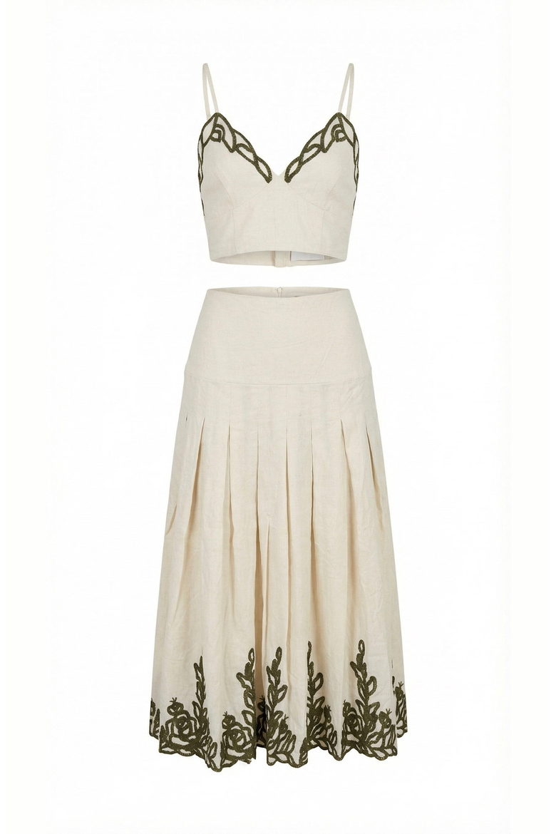 Embroidered Crop Top and Pleated Midi Skirt Set, Alternate, color, Ivory / Olive Embroidery