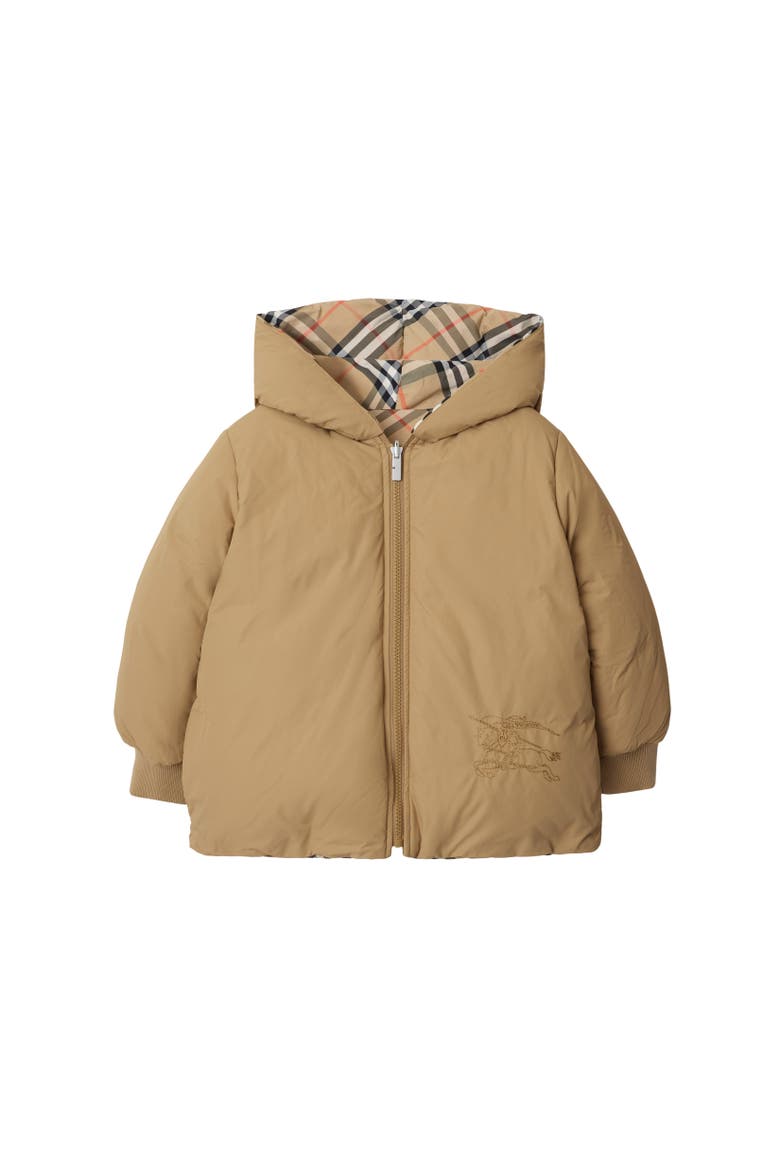 Girls' Reversible Check Nylon Puffer Jacket, Alternate, color, Sand beige