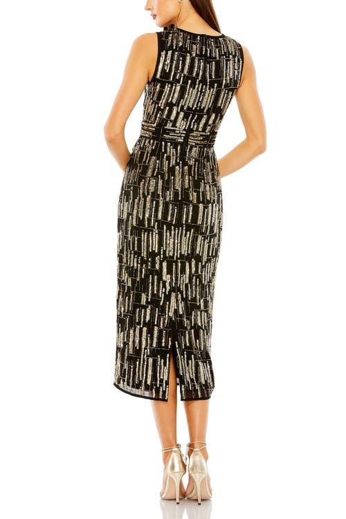 Mac Duggal Abstract Beaded Sleeveless Midi Dress In Black