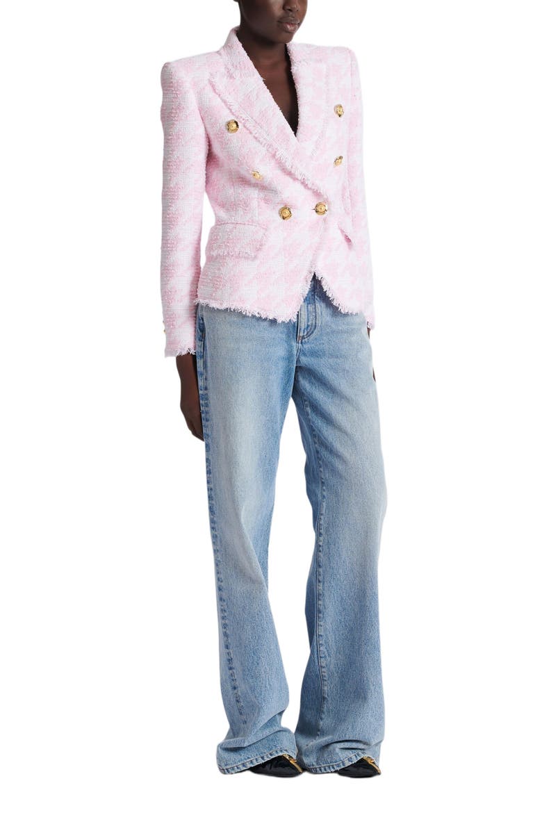 Balmain 6-Button Houndstooth Tweed Fitted Jacket, Main, color, Pink