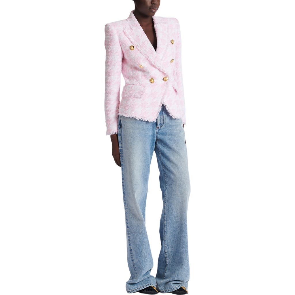 Balmain 6-button Houndstooth Tweed Fitted Jacket In Pink