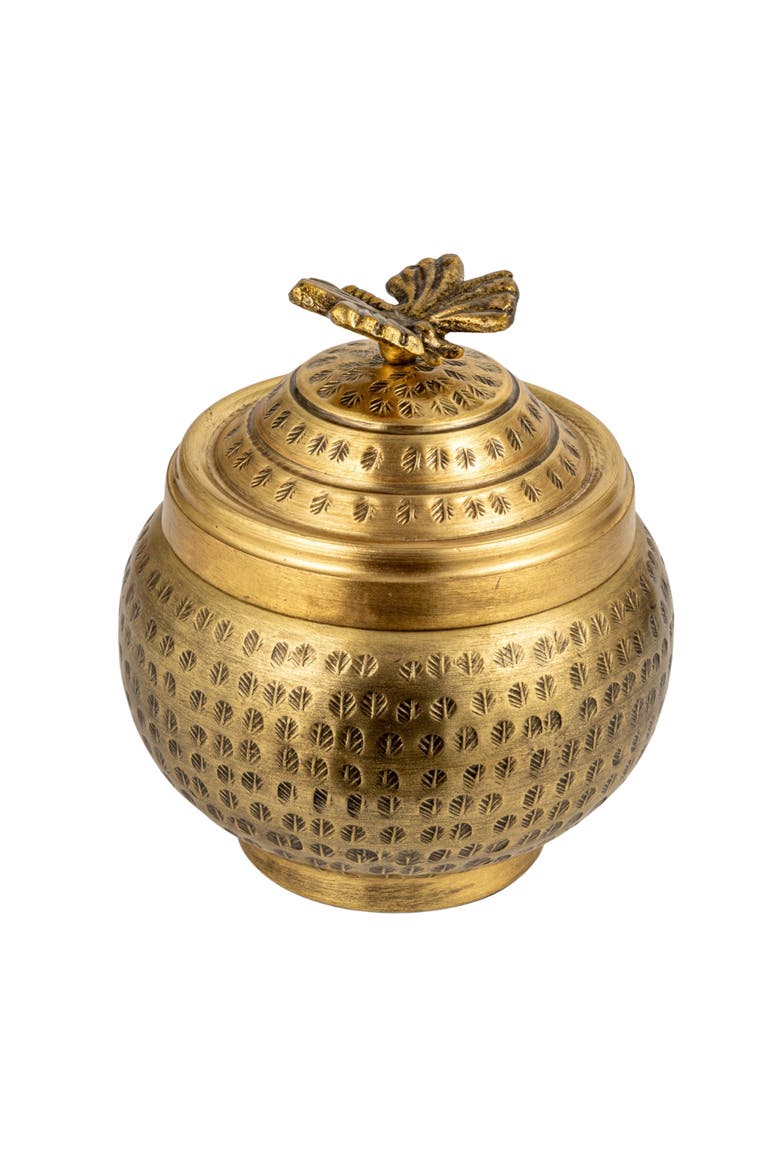 Round Hammered Metal Container with Butterfly Finial, Brass Finish, Main, color, Gold