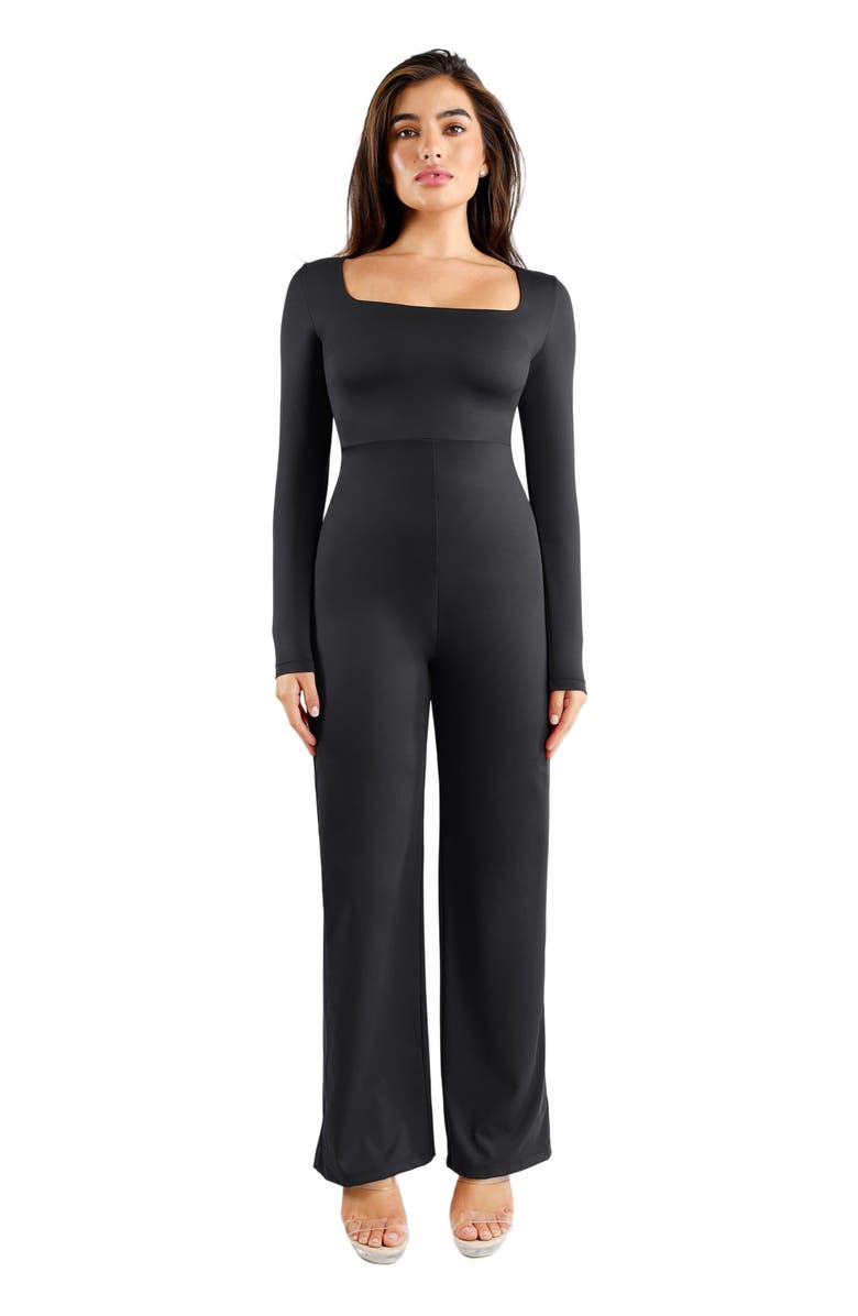 Popilush Shapewear Long Sleeve Square Neck Slimming Wide Leg Jumpsuit, Main, color, Midnight Black