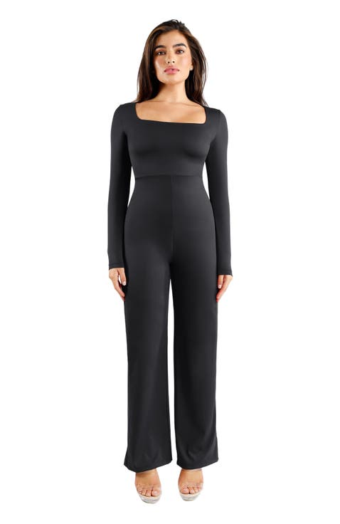 Shapewear Long Sleeve Square Neck Slimming Wide Leg Jumpsuit