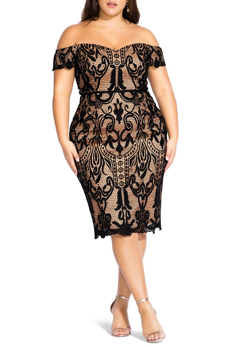 Off the Shoulder Decadent Lace Cocktail Dress, Main, color, BLACK / NUDE
